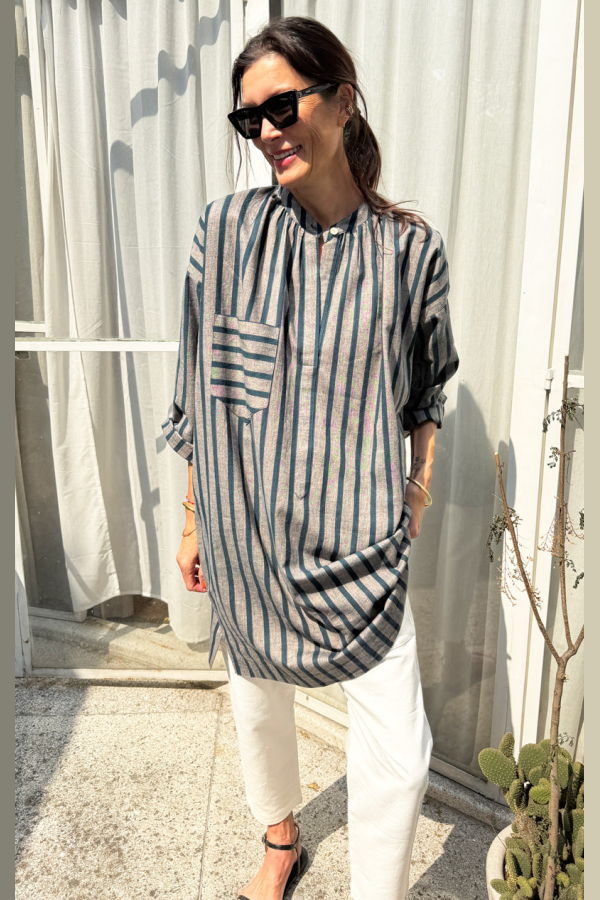 Two Teal/ Peach Striped Long Sleeve Button Tunic