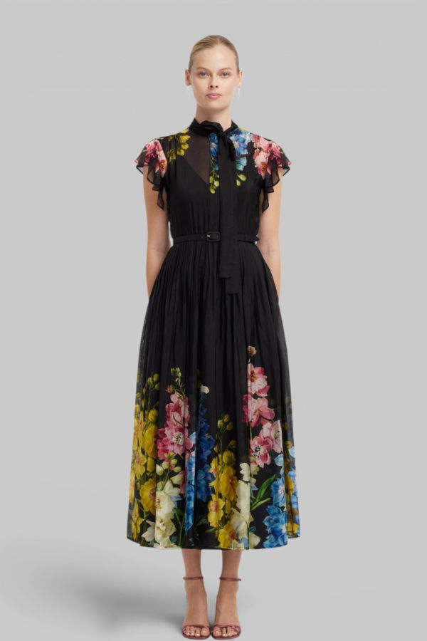 Leo Lin Grace Flutter Sleeve Midi Dress - Snapdragon Print in Ebony