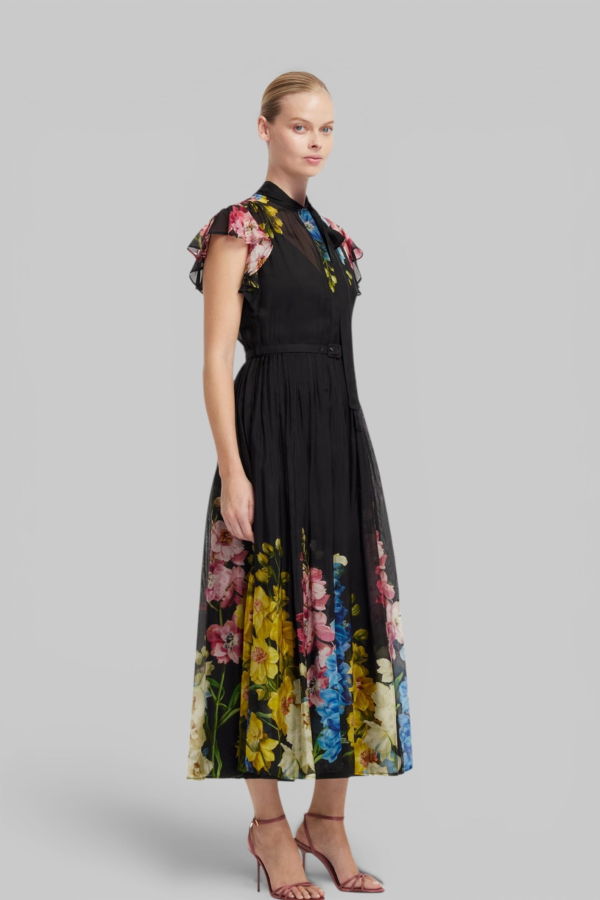 Leo Lin Grace Flutter Sleeve Midi Dress - Snapdragon Print in Ebony