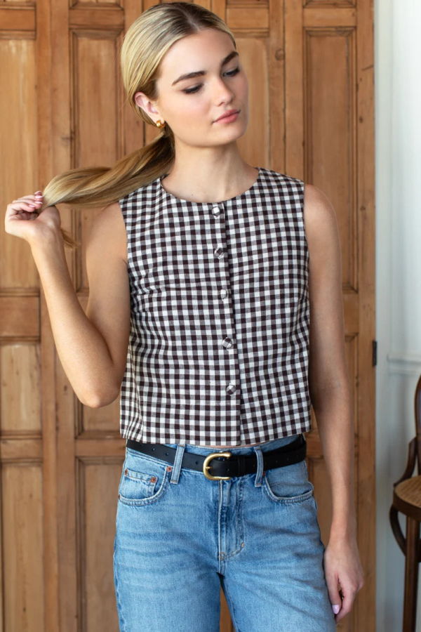 Emerson Fry Button Front Wide Hem Top - Cocoa Gingham