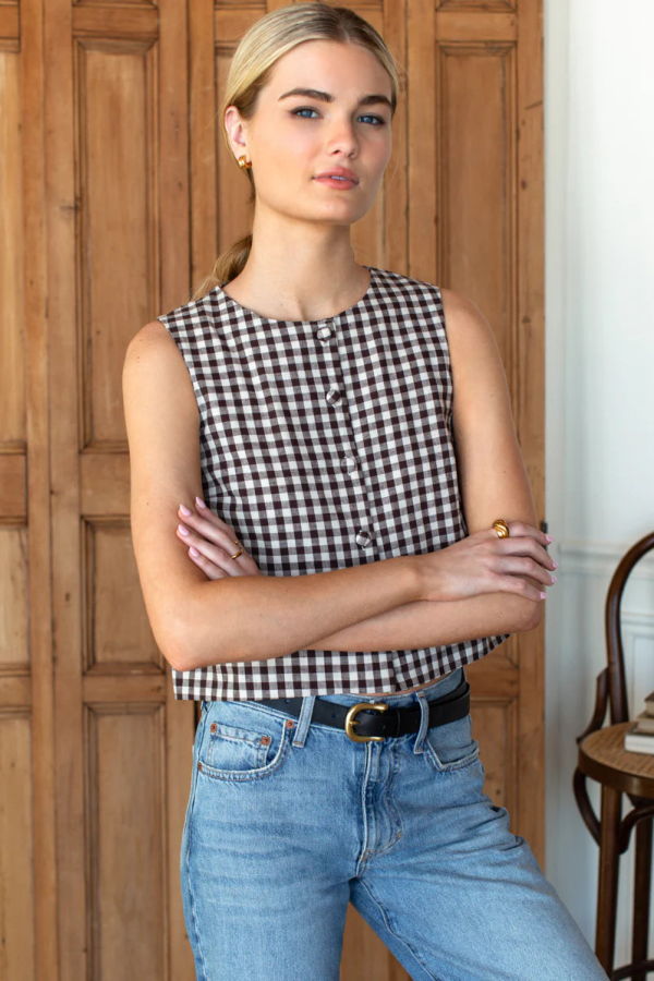 Emerson Fry Button Front Wide Hem Top - Cocoa Gingham