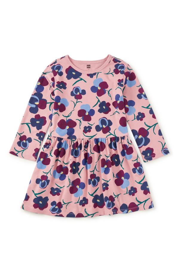 KIDS Tea Collection Long Sleeve Skirted Dress in Painted Pansies