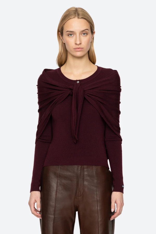Sea NY Jane Henley Sweater with Scarf - Burgundy