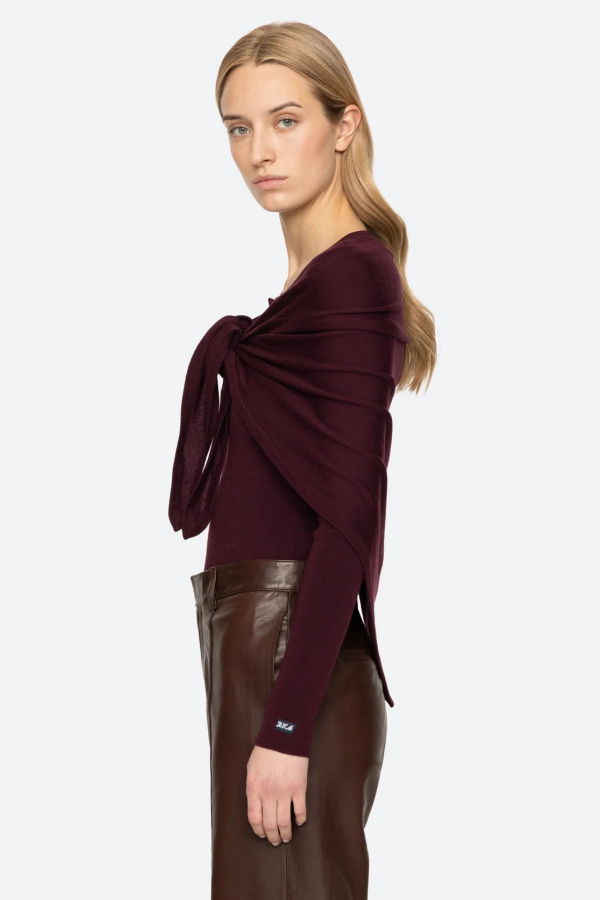 Sea NY Jane Henley Sweater with Scarf - Burgundy