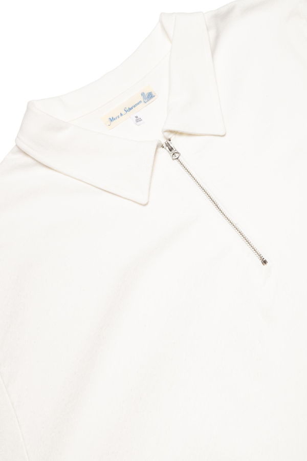 Merz b. Schwanen GIZAZIP01.01.4 Sturdy Boxy Fit Giza Cotton-Hemp Zip T-Shirt - White