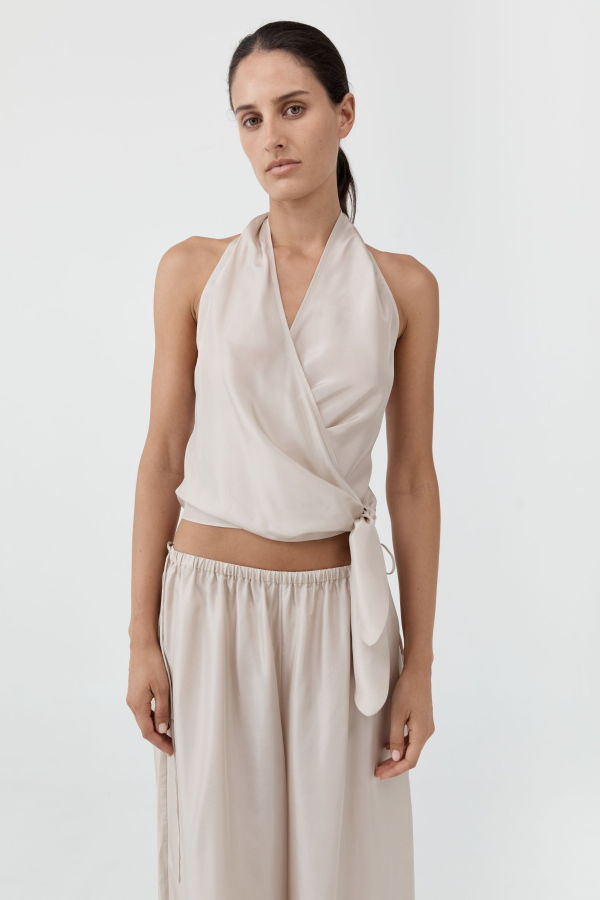 St. Agni Silk Halter Wrap Top - Soft Ash