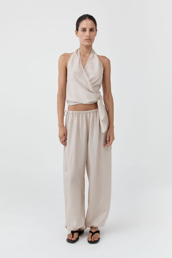 St. Agni Silk Halter Wrap Top - Soft Ash