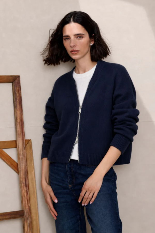Minnie Rose Cashmere Cropped Bomber Sweater - Navy