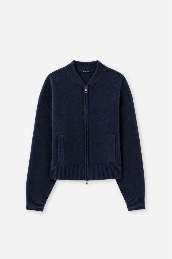 Minnie Rose Cashmere Cropped Bomber Sweater - Navy