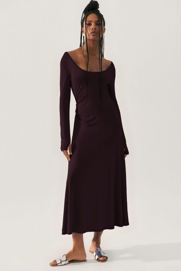 Silk Laundry Jersey Long Sleeve Dress - Cacao