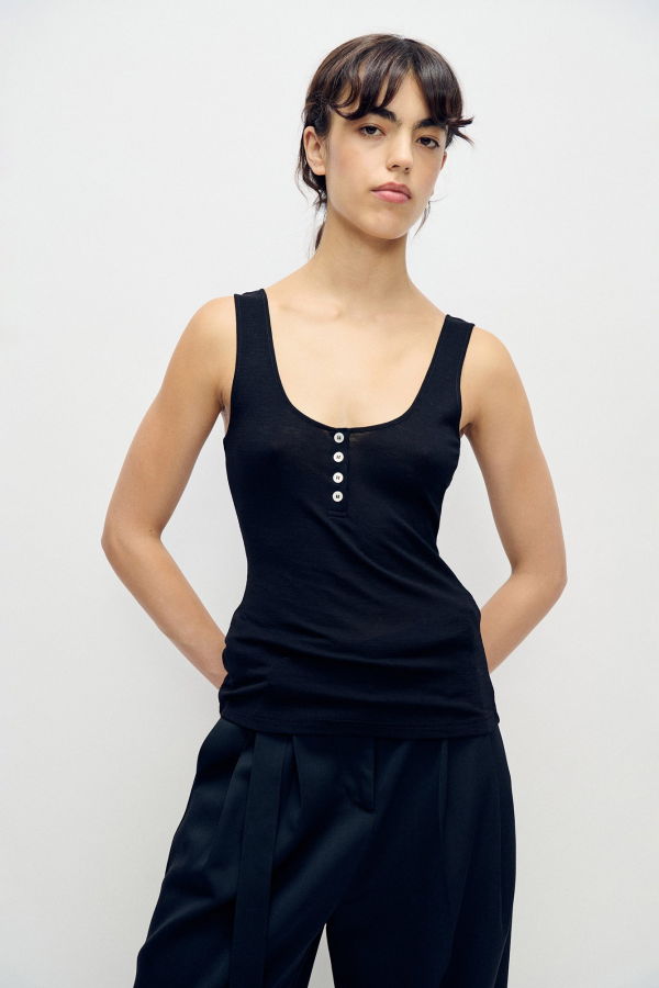 Silk Laundry Merino Henley Tank - Black