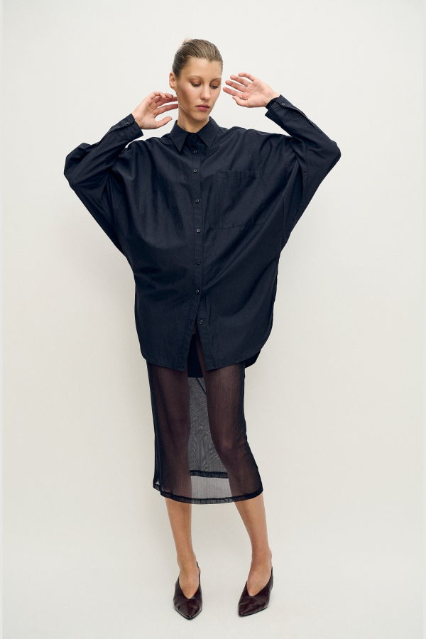 Silk Laundry Mesh Mid-Length Skirt - Black