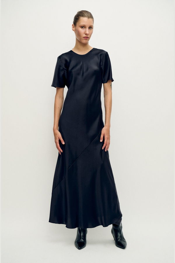 Silk Laundry Short Sleeve Bias Dress - Black