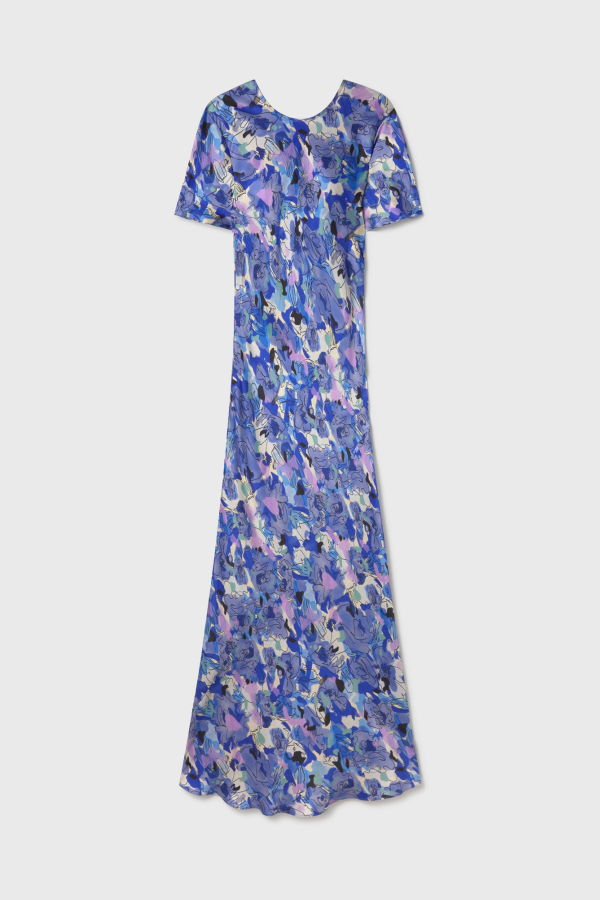 Silk Laundry Short Sleeve Bias Cut Dress - Cornflower Floral
