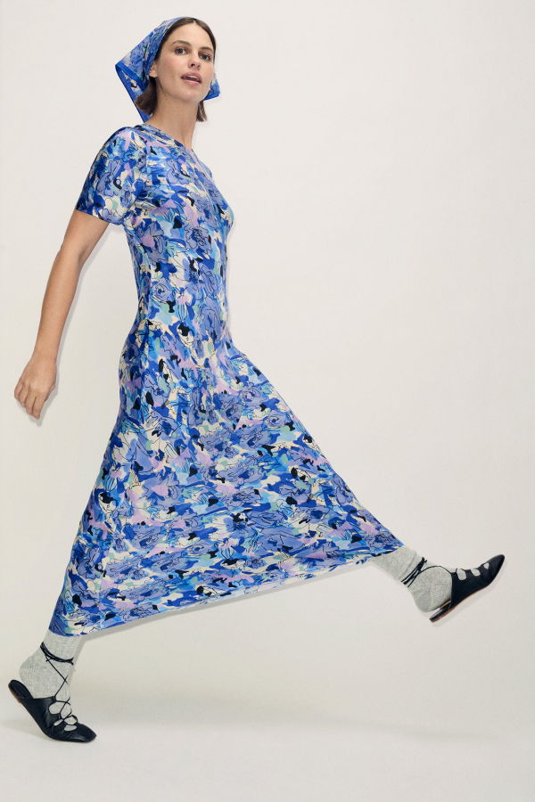 Silk Laundry Short Sleeve Bias Cut Dress - Cornflower Floral