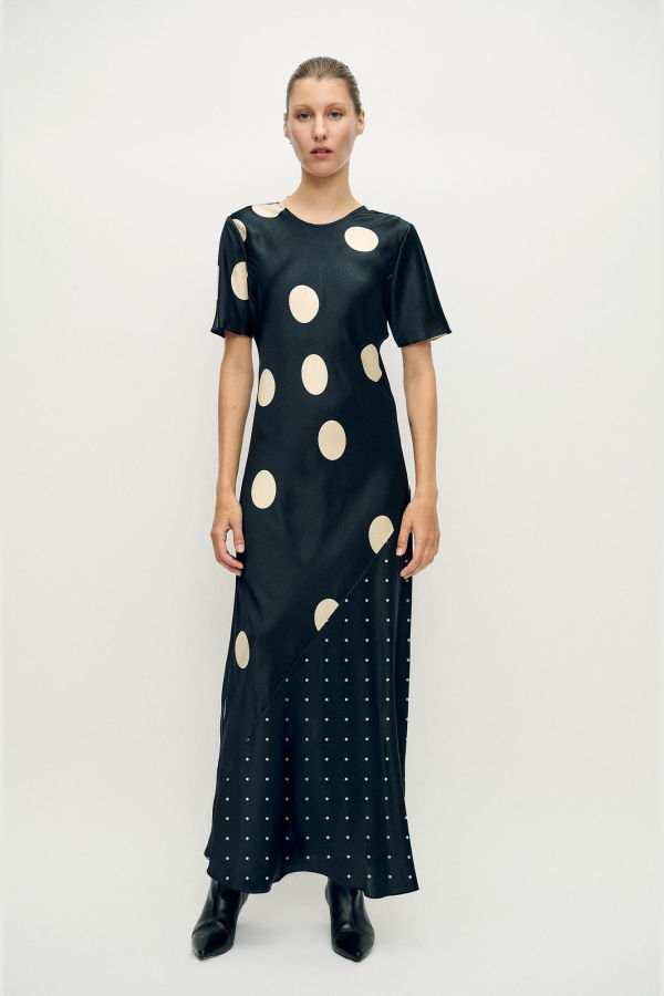 Silk Laundry Short Sleeve Bias Dress - Polka Mix