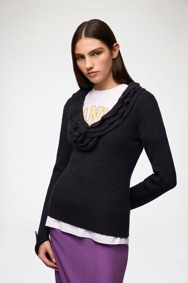 Ganni Ribbed Merino Frill Top - Phantom