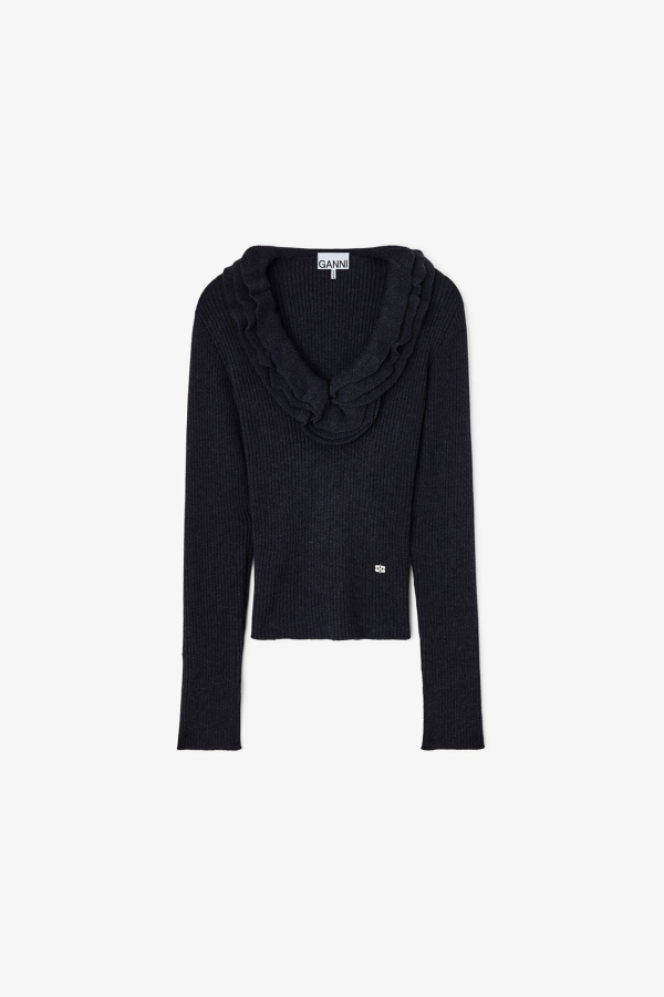 Ganni Ribbed Merino Frill Top - Phantom