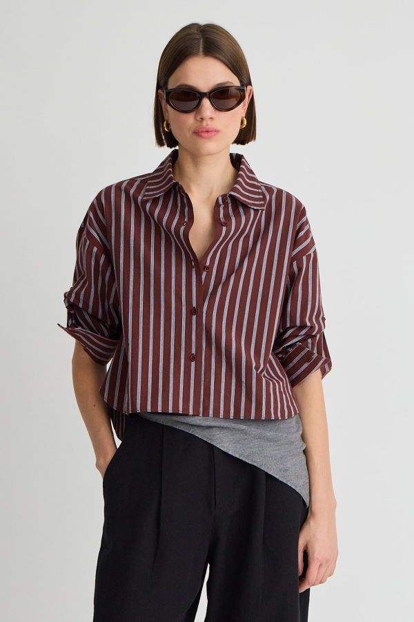 Apiece Apart Cropped Isolde Button Down Shirt - Spice Multi Stripe