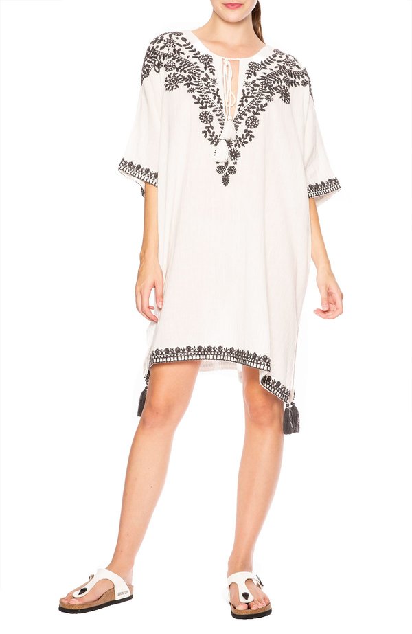 Star Mela Embroidered Kaftan Dress - ECRU/CHARCOAL