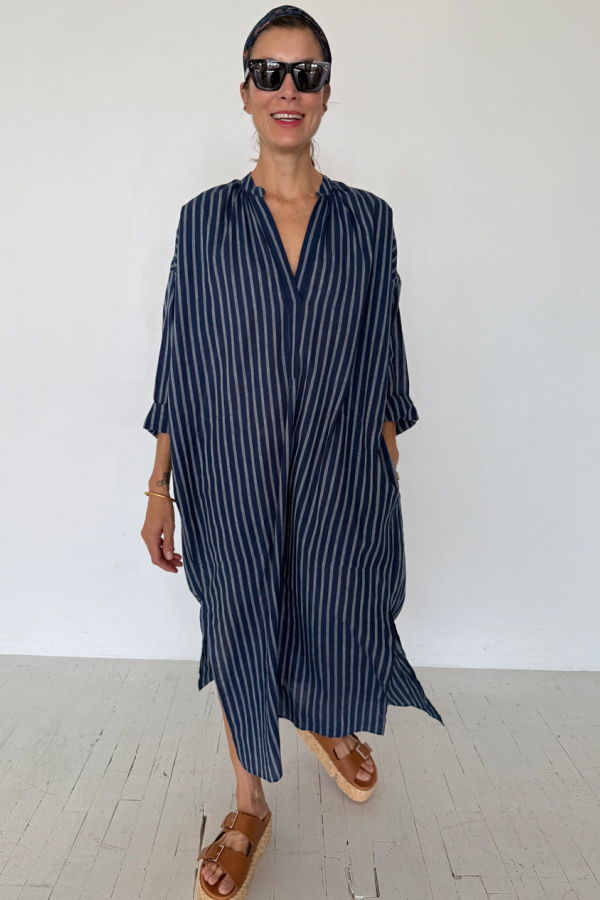 Two Featherweight Long Stripe Caftan - Indigo/White Stripe