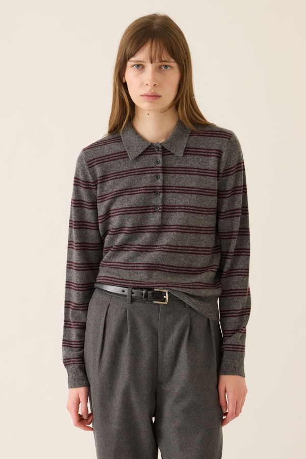 demylee Hayden Stripe Cashmere Polo Sweater - Dk Heather Grey / Garnet