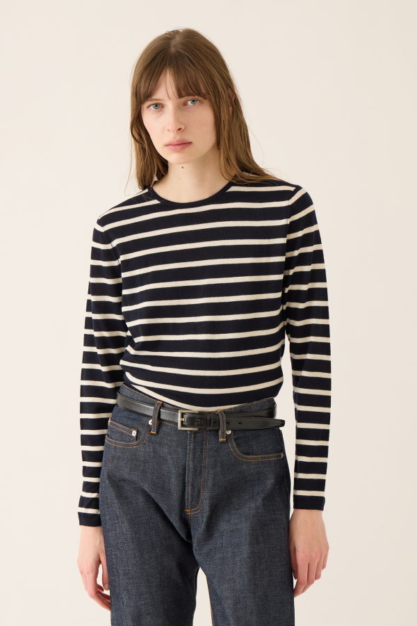 demylee Maeve Stripe Superfine Cashmere Sweater - Navy / Ivory