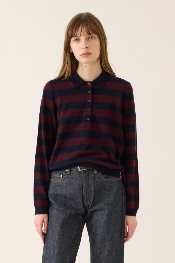demylee Ruth Stripe Cashmere Polo Sweater - Navy / Garnet