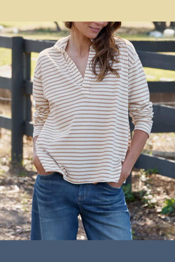 Frank & Eileen Patrick Popover Henley - Vintage White/Camel Stripe