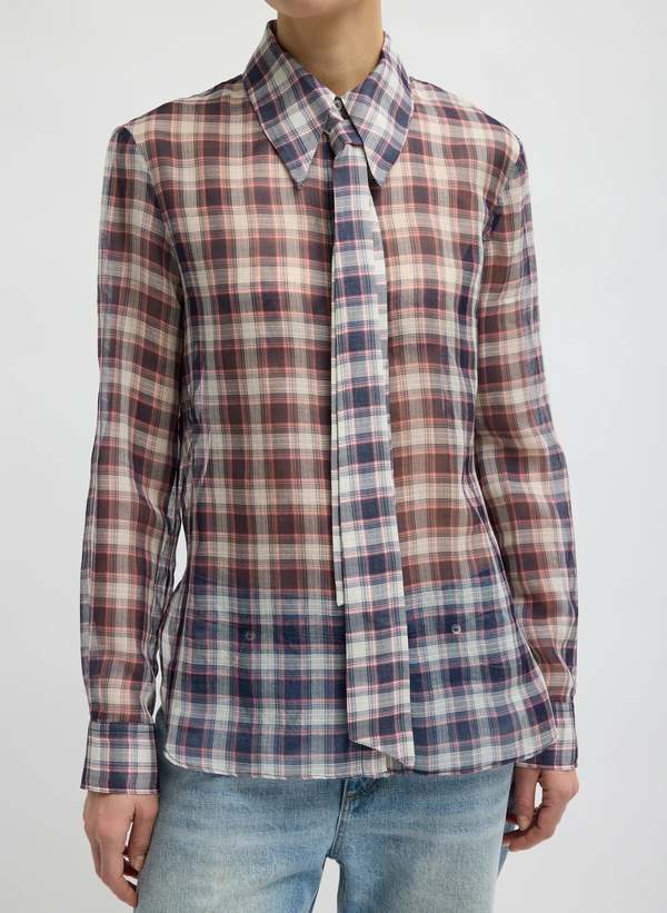 Tibi Silk Cotton Plaid Blouse With Removable Tie