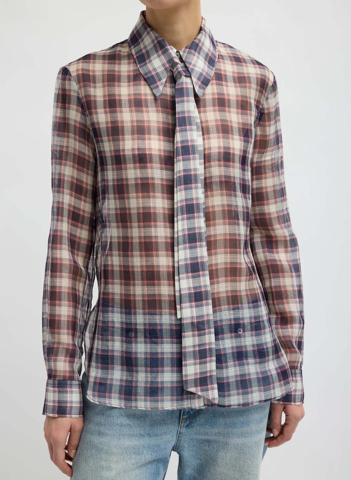 Tibi Silk Cotton Plaid Blouse With Removable Tie - Image 1 of 6