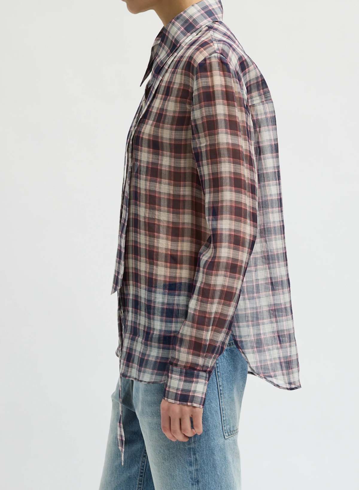 Tibi Silk Cotton Plaid Blouse With Removable Tie - Image 2 of 6
