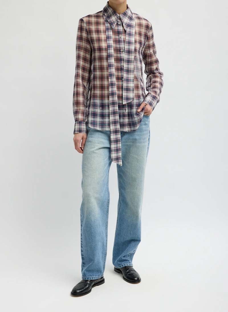 Tibi Silk Cotton Plaid Blouse With Removable Tie