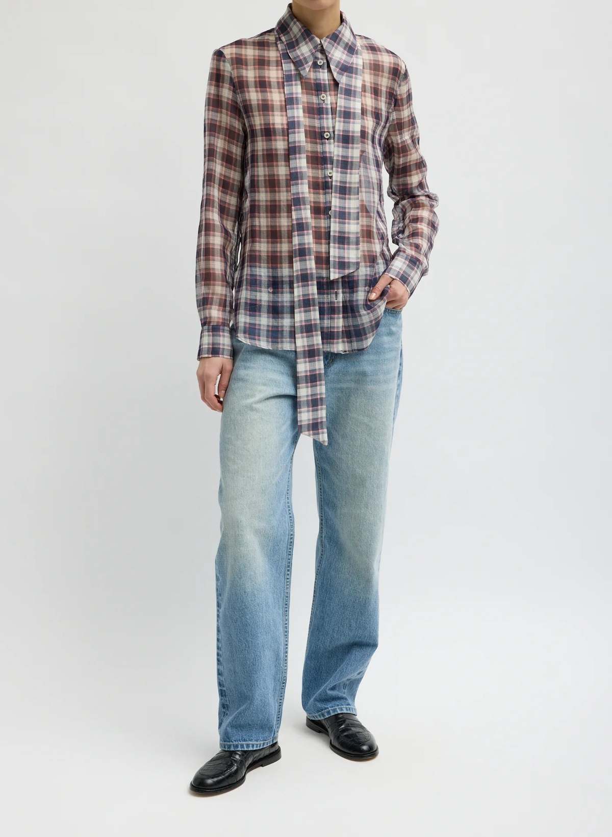 Tibi Silk Cotton Plaid Blouse With Removable Tie - Image 4 of 6