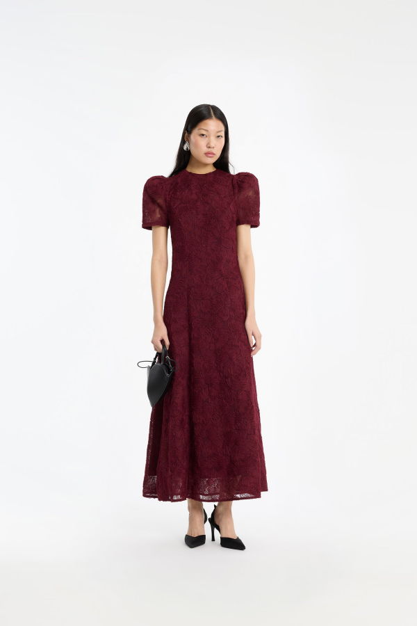 ROTATE Birger Christensen Flower Mesh Flared Dress - Decadent Chocolate
