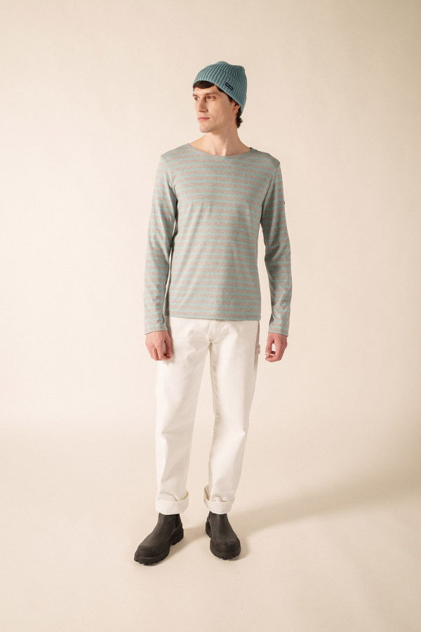 Saint James Minquiers Modern Breton Shirt - Pearl Melange/Light Coastal Blue