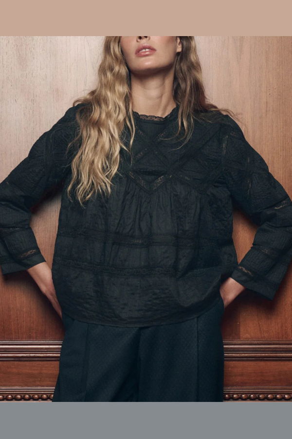 The Great. The Lattice Lace Victorian Top - Black