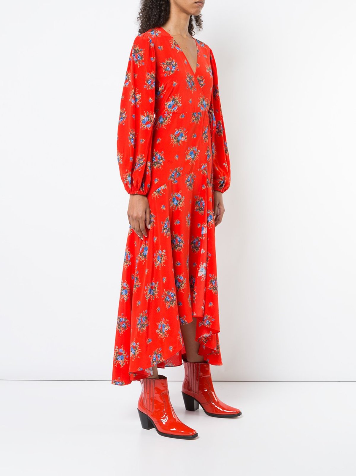 ganni red wrap dress Ganni RED PRINTED LIGHT GEORGETTE WRAP MIDI DRESS Red Size 34