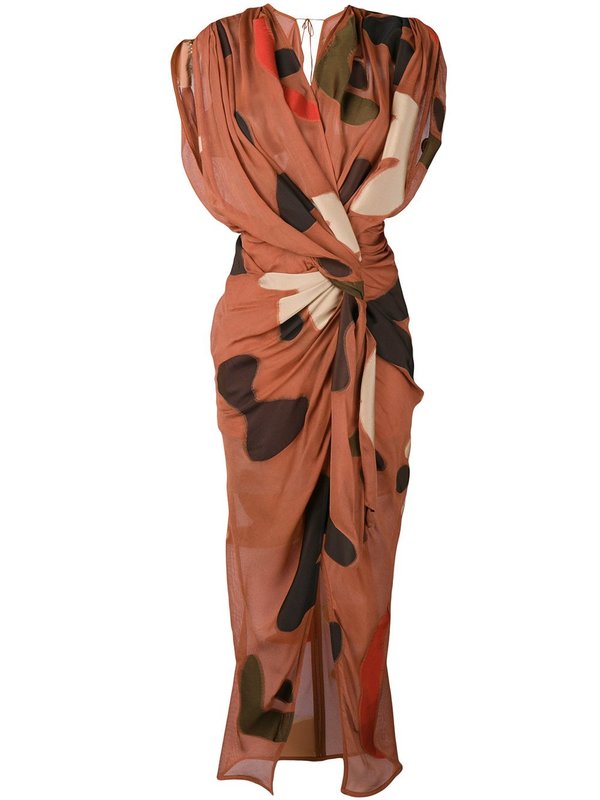 Jacquemus Print Draped Midi Dress - Brown/Beige/Red | Garmentory