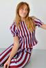 Mind Traveler Smocked Short Sleeve Striped Blouse Top - Burgundy - Thumbnail 1