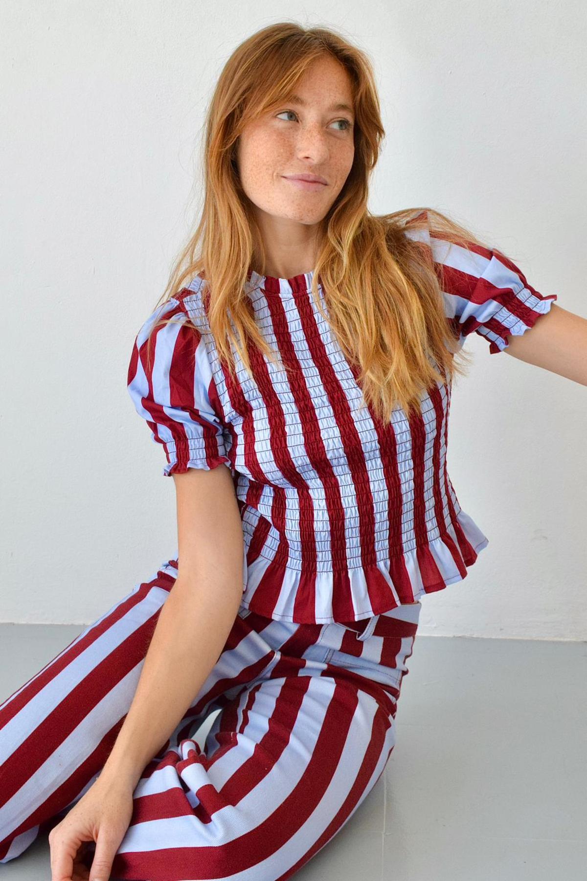 Mind Traveler Smocked Short Sleeve Striped Blouse Top - Burgundy - Image 1 of 7