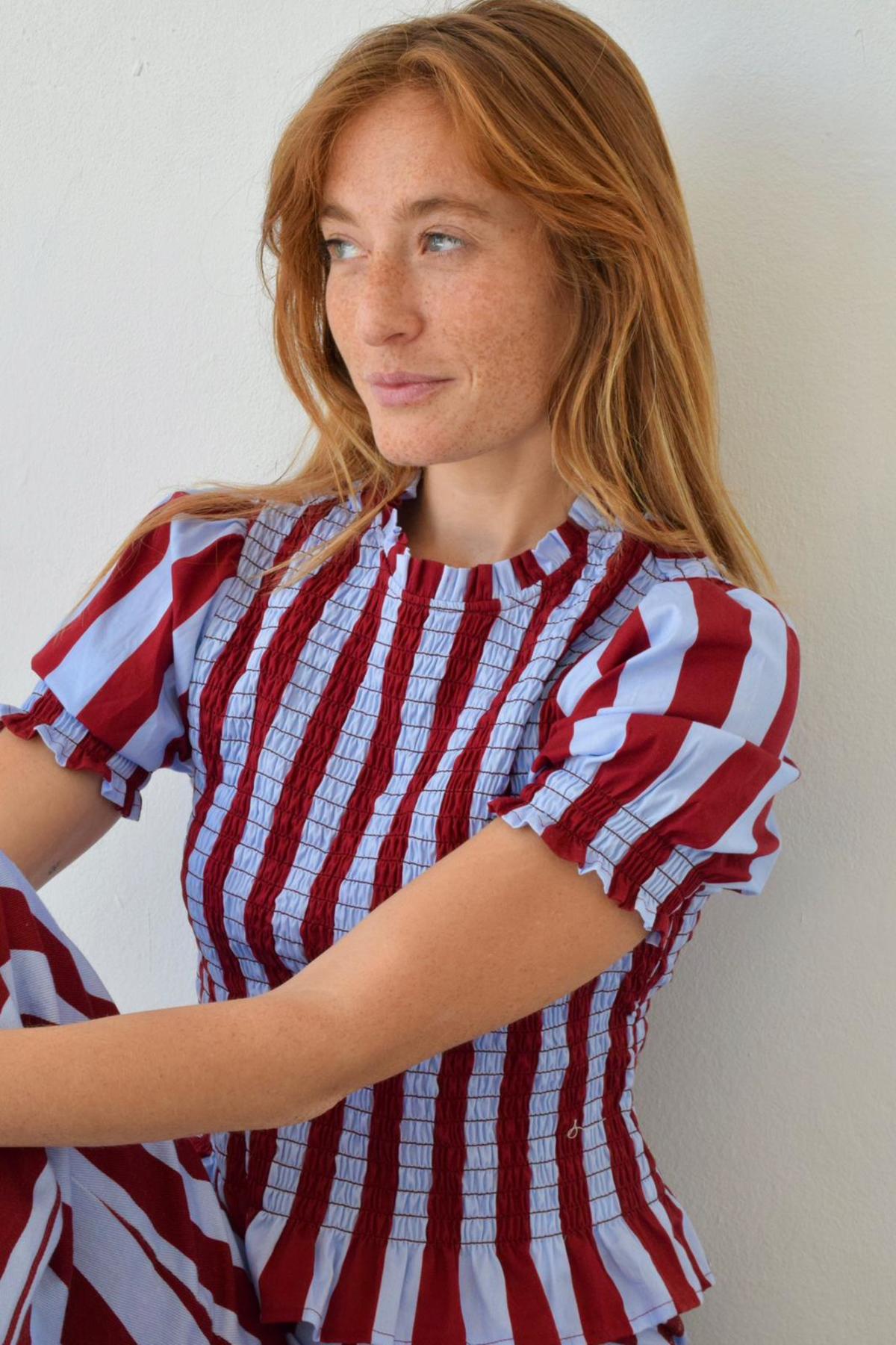Mind Traveler Smocked Short Sleeve Striped Blouse Top - Burgundy - Image 2 of 7