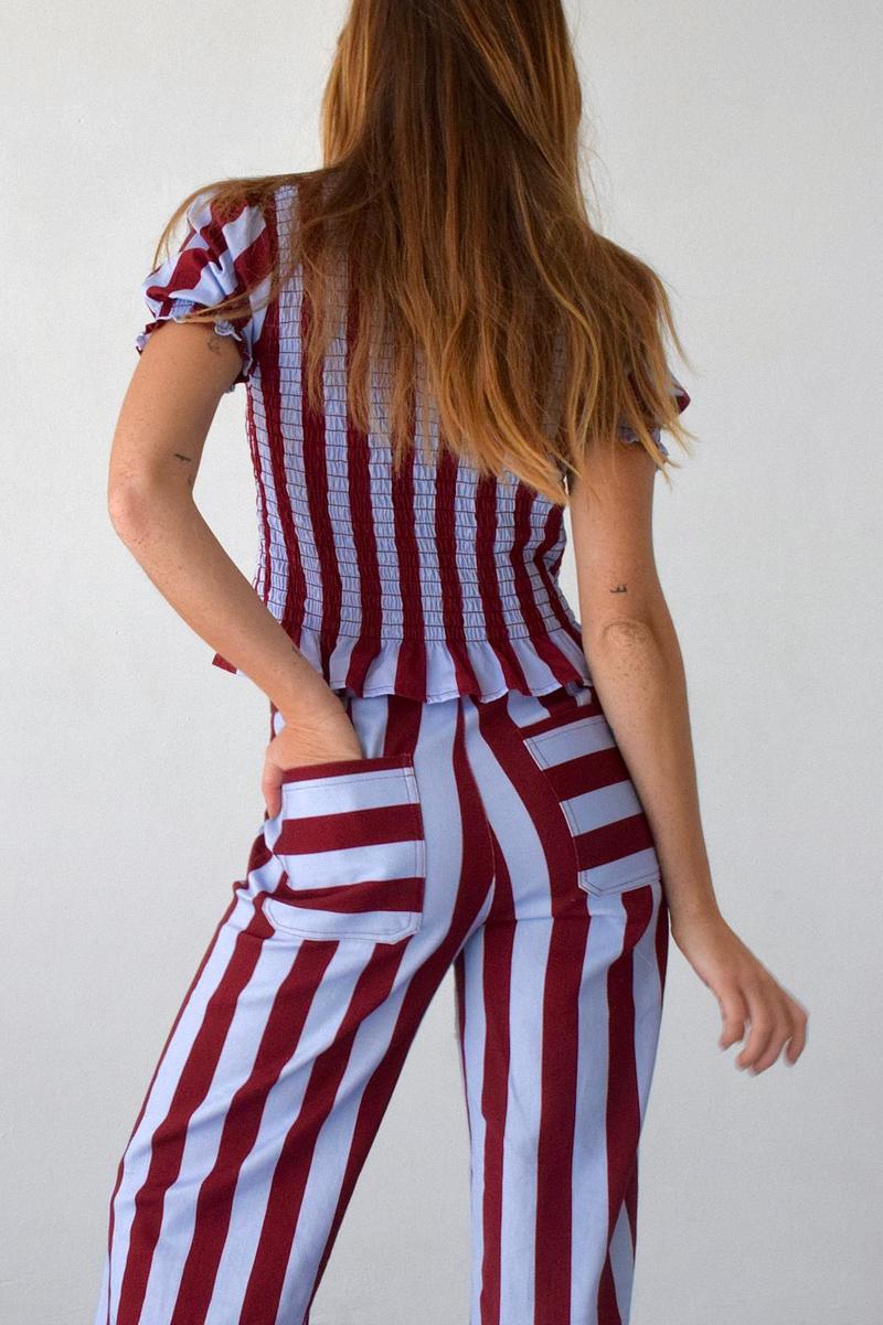 Mind Traveler Smocked Short Sleeve Striped Blouse Top - Burgundy