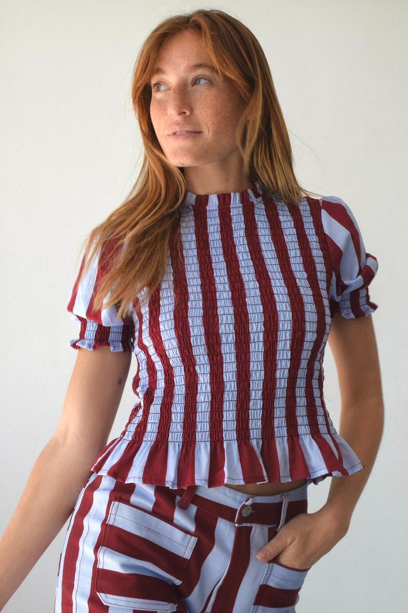 Mind Traveler Smocked Short Sleeve Striped Blouse Top - Burgundy