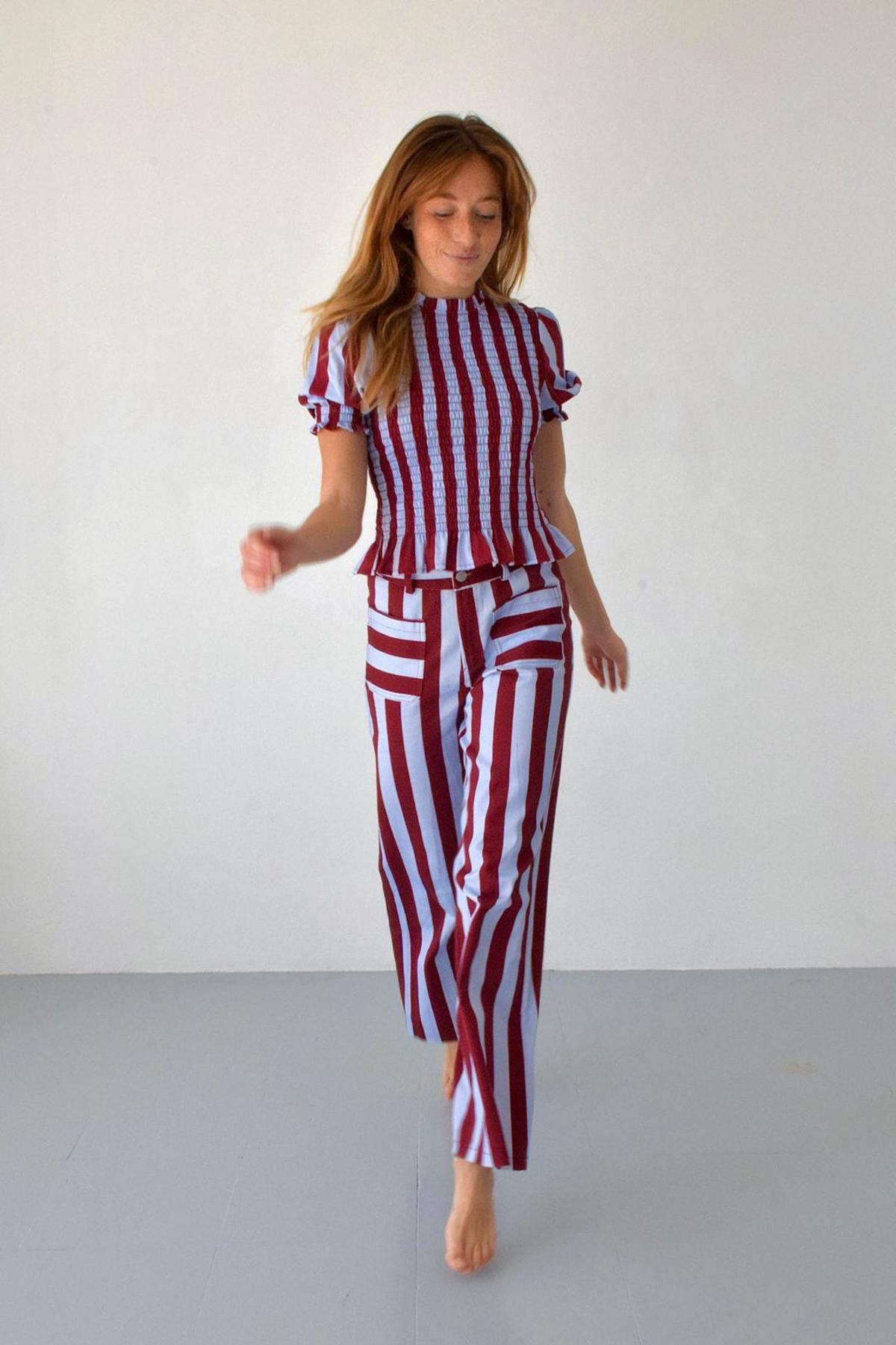 Mind Traveler Smocked Short Sleeve Striped Blouse Top - Burgundy - Image 5 of 7
