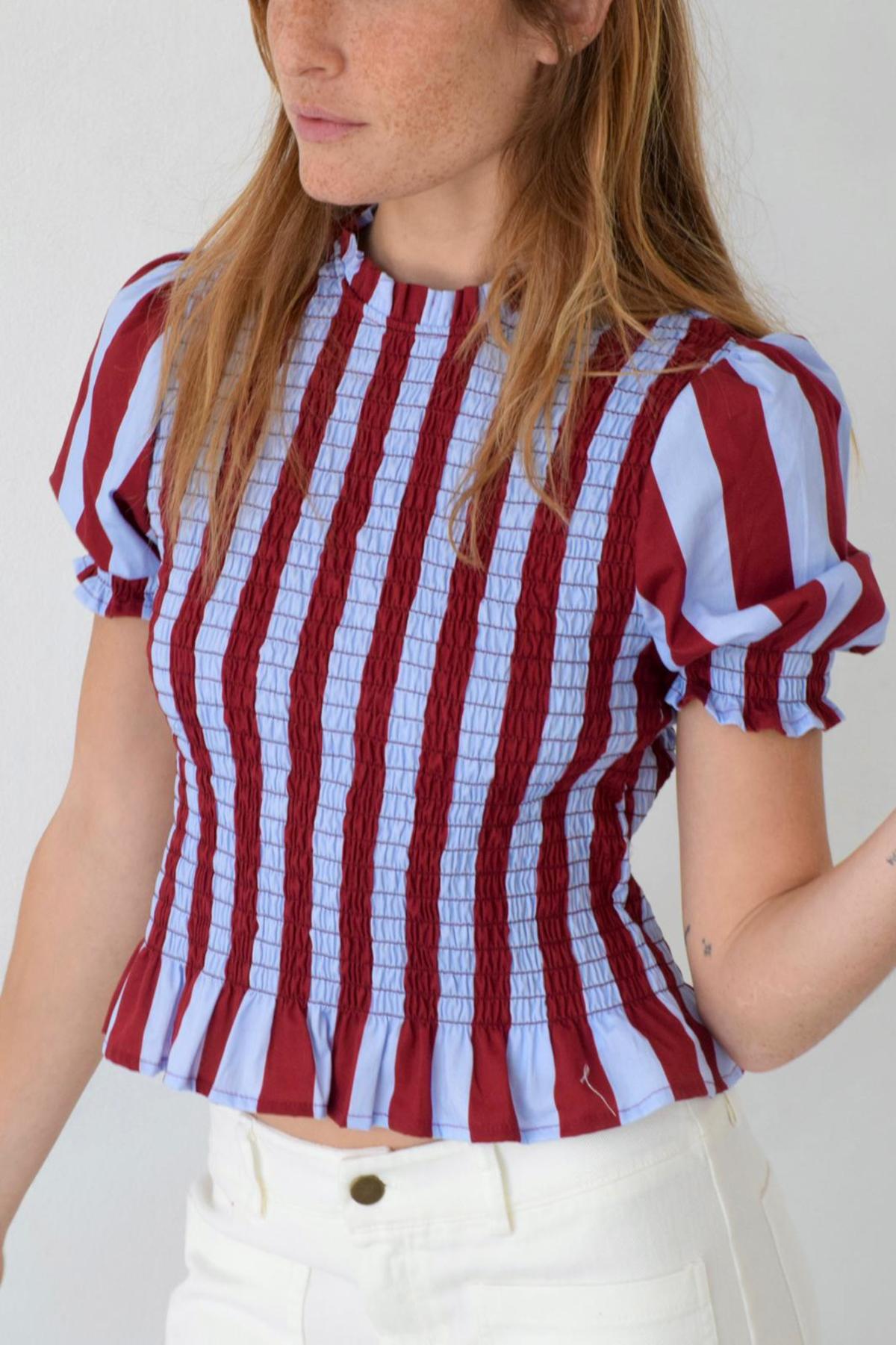 Mind Traveler Smocked Short Sleeve Striped Blouse Top - Burgundy - Image 6 of 7