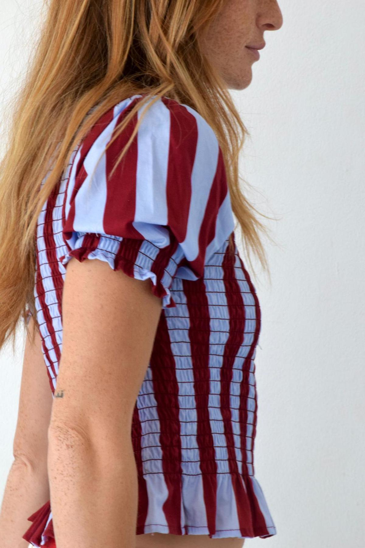 Mind Traveler Smocked Short Sleeve Striped Blouse Top - Burgundy - Image 7 of 7