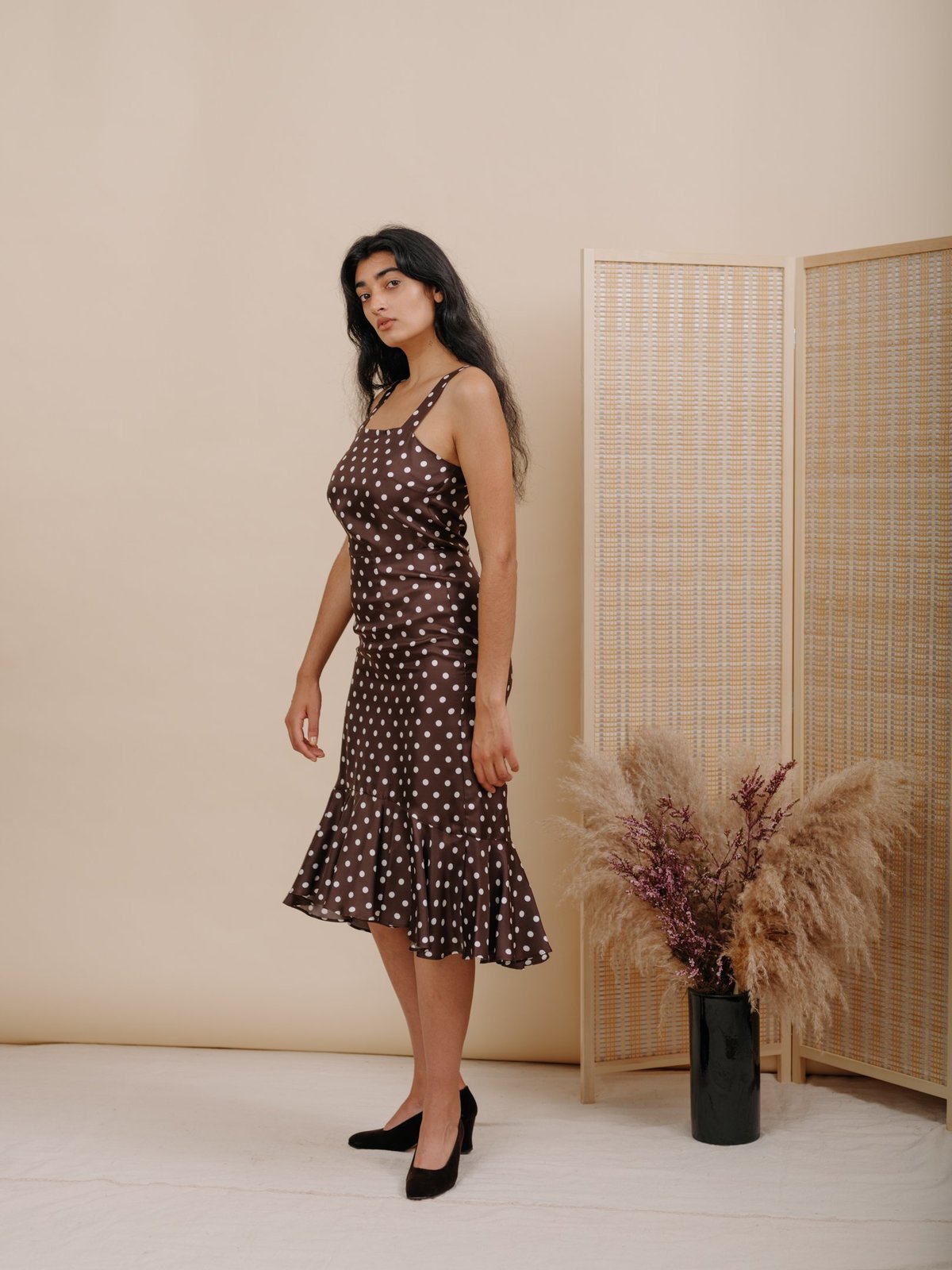 Wolcott : Takemoto Flo Dress - Brown Polka Dot Silk - Image 1 of 4