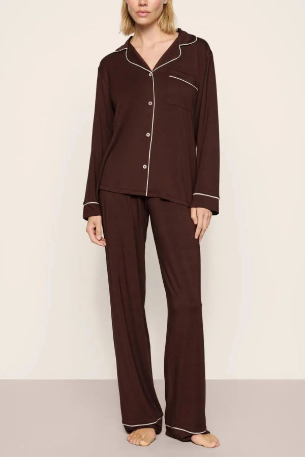 Eberjey Gisele Long PJ Set - Chocolate / Ivory