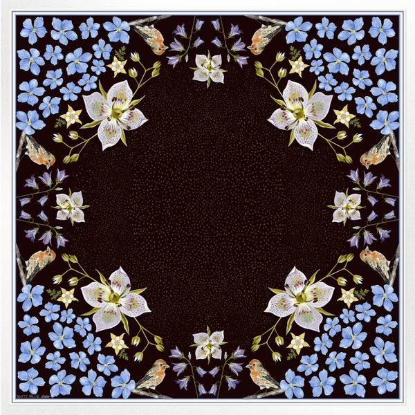 Matty Miller Studio 100% Silk Design Scarf - Black Gentian Floral Bird